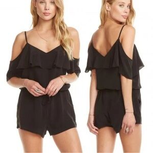 Chaser Black Ruffled Cold Shoulder Silk  Romper sz M